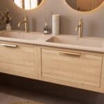 Modern naturel eiken badkamermeubel 140 cm met één lade en Mat Beige mineraalstenen wastafel