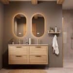 Modern naturel eiken badkamermeubel 140 cm met twee lades en Mat Beige mineraalstenen wastafel