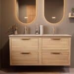 Modern naturel eiken badkamermeubel 140 cm met twee lades en Mat Beige mineraalstenen wastafel