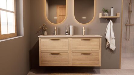 Modern naturel eiken badkamermeubel 140 cm met twee lades en Mat Beige mineraalstenen wastafel