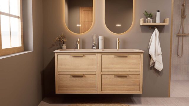 Modern naturel eiken badkamermeubel 140 cm met twee lades en Mat Beige mineraalstenen wastafel