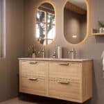 Modern naturel eiken badkamermeubel 140 cm met twee lades en Mat Beige mineraalstenen wastafel