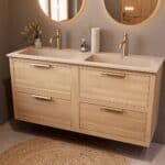 Modern naturel eiken badkamermeubel 140 cm met twee lades en Mat Beige mineraalstenen wastafel