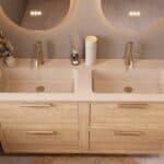Modern naturel eiken badkamermeubel 140 cm met twee lades en Mat Beige mineraalstenen wastafel