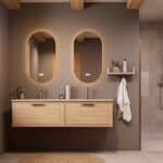 Hangend naturel eiken badkamermeubel 160 cm met één lade en Mat Beige mineraalstenen wastafel