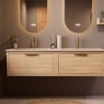 Hangend naturel eiken badkamermeubel 160 cm met één lade en Mat Beige mineraalstenen wastafel