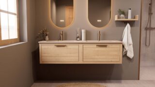 Hangend naturel eiken badkamermeubel 160 cm met één lade en Mat Beige mineraalstenen wastafel