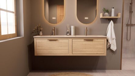 Hangend naturel eiken badkamermeubel 160 cm met één lade en Mat Beige mineraalstenen wastafel