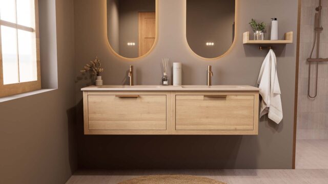 Hangend naturel eiken badkamermeubel 160 cm met één lade en Mat Beige mineraalstenen wastafel