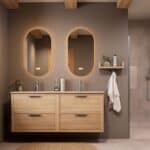 Modern naturel eiken badkamermeubel 160 cm met twee lades en Mat Beige mineraalstenen wastafel