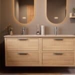 Modern naturel eiken badkamermeubel 160 cm met twee lades en Mat Beige mineraalstenen wastafel