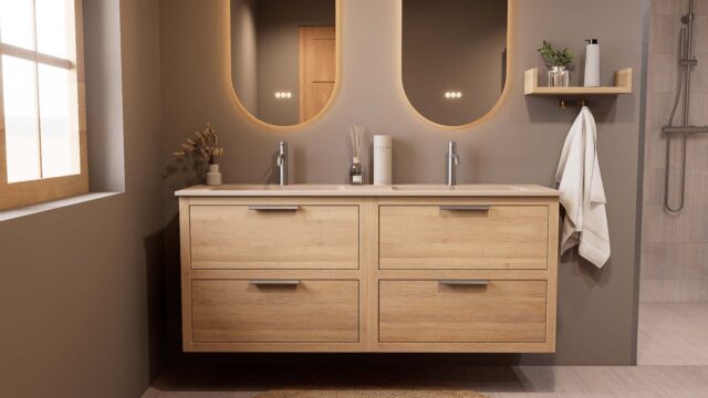 Modern naturel eiken badkamermeubel 160 cm met twee lades en Mat Beige mineraalstenen wastafel