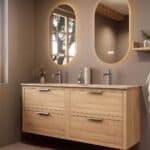 Modern naturel eiken badkamermeubel 160 cm met twee lades en Mat Beige mineraalstenen wastafel