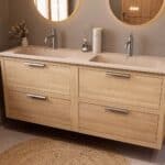 Modern naturel eiken badkamermeubel 160 cm met twee lades en Mat Beige mineraalstenen wastafel