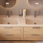 Modern naturel eiken badkamermeubel 160 cm met twee lades en Mat Beige mineraalstenen wastafel