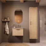 Modern naturel eiken badkamermeubel 60 cm met één lade en Mat Beige mineraalstenen wastafel