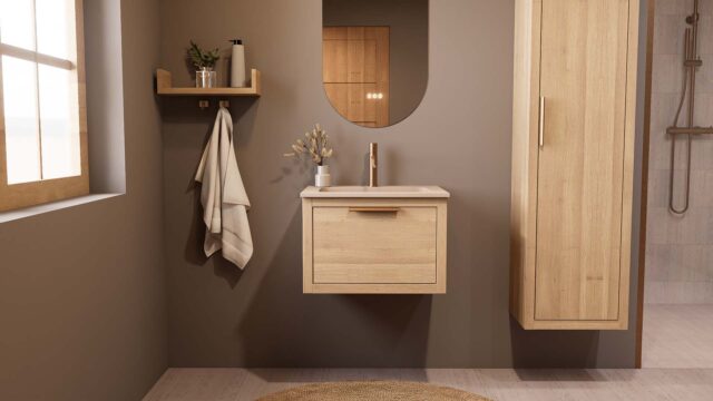 Modern naturel eiken badkamermeubel 60 cm met één lade en Mat Beige mineraalstenen wastafel