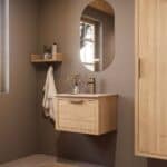 Modern naturel eiken badkamermeubel 60 cm met één lade en Mat Beige mineraalstenen wastafel