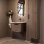 Modern donker eiken badkamermeubel 60 cm met één lade en Mat Beige mineraalstenen wastafel