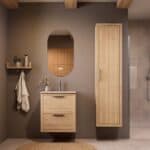 Modern naturel eiken badkamermeubel 60 cm met twee lades en Mat Beige mineraalstenen wastafel