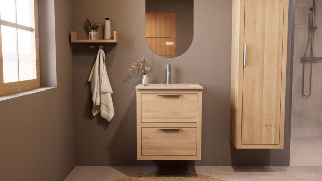 Modern naturel eiken badkamermeubel 60 cm met twee lades en Mat Beige mineraalstenen wastafel