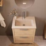 Modern naturel eiken badkamermeubel 60 cm met twee lades en Mat Beige mineraalstenen wastafel