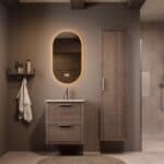 Modern donker eiken badkamermeubel 60 cm met twee lades en Mat Beige mineraalstenen wastafel