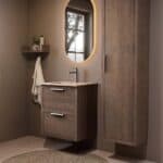 Modern donker eiken badkamermeubel 60 cm met twee lades en Mat Beige mineraalstenen wastafel