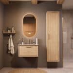 Modern naturel eiken badkamermeubel 70 cm met één lade en Mat Beige mineraalstenen wastafel
