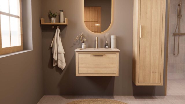 Modern naturel eiken badkamermeubel 70 cm met één lade en Mat Beige mineraalstenen wastafel