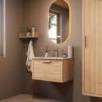 Modern naturel eiken badkamermeubel 70 cm met één lade en Mat Beige mineraalstenen wastafel