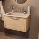 Modern naturel eiken badkamermeubel 70 cm met één lade en Mat Beige mineraalstenen wastafel