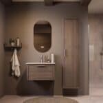 Modern donker eiken badkamermeubel 70 cm met één lade en Mat Beige mineraalstenen wastafel