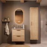 Modern naturel eiken badkamermeubel 70 cm met twee lades en Mat Beige mineraalstenen wastafel