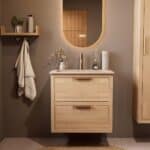 Modern naturel eiken badkamermeubel 70 cm met twee lades en Mat Beige mineraalstenen wastafel
