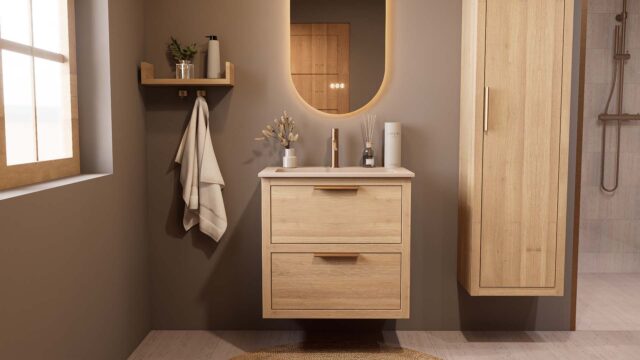 Modern naturel eiken badkamermeubel 70 cm met twee lades en Mat Beige mineraalstenen wastafel