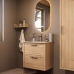 Modern naturel eiken badkamermeubel 70 cm met twee lades en Mat Beige mineraalstenen wastafel