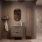 Modern donker eiken badkamermeubel 70 cm met twee lades en Mat Beige mineraalstenen wastafel