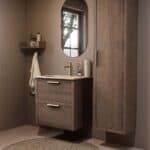 Modern donker eiken badkamermeubel 70 cm met twee lades en Mat Beige mineraalstenen wastafel