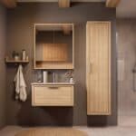 Modern naturel eiken badkamermeubel 80 cm met één lade en Mat Beige mineraalstenen wastafel