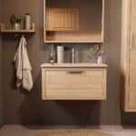 Modern naturel eiken badkamermeubel 80 cm met één lade en Mat Beige mineraalstenen wastafel