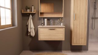 Modern naturel eiken badkamermeubel 80 cm met één lade en Mat Beige mineraalstenen wastafel