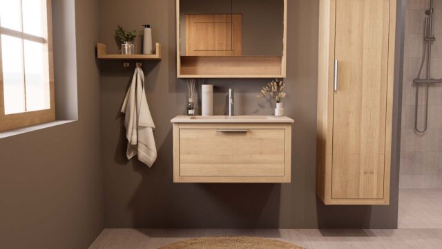 Modern naturel eiken badkamermeubel 80 cm met één lade en Mat Beige mineraalstenen wastafel