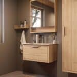 Modern naturel eiken badkamermeubel 80 cm met één lade en Mat Beige mineraalstenen wastafel