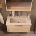 Modern naturel eiken badkamermeubel 80 cm met één lade en Mat Beige mineraalstenen wastafel