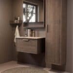 Modern donker eiken badkamermeubel 80 cm met één lade en Mat Beige mineraalstenen wastafel