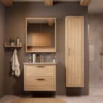 Modern naturel eiken badkamermeubel 80 cm met twee lades en Mat Beige mineraalstenen wastafel