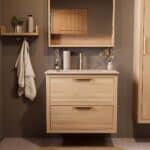 Modern naturel eiken badkamermeubel 80 cm met twee lades en Mat Beige mineraalstenen wastafel