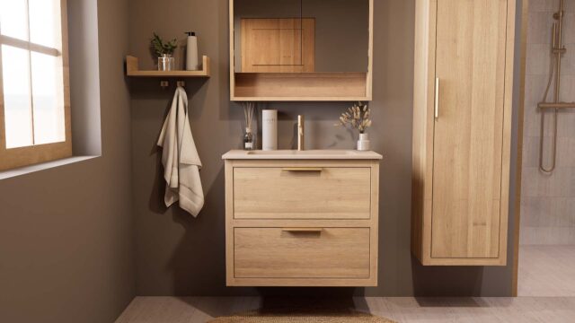 Modern naturel eiken badkamermeubel 80 cm met twee lades en Mat Beige mineraalstenen wastafel