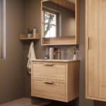 Modern naturel eiken badkamermeubel 80 cm met twee lades en Mat Beige mineraalstenen wastafel